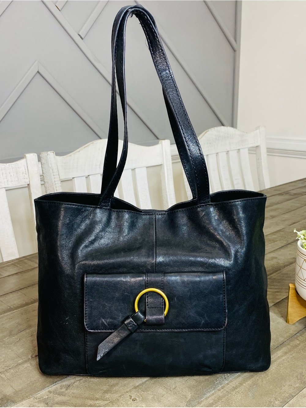 Frye Madison Harness Leather Tote Bag Black Front Pocket Women’s Shoulder Tote